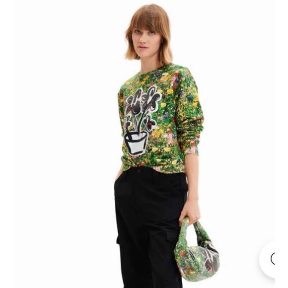 Desigual Crew Neck Floral Plant Print Sweatshirt Women’s Green Size Small - Picture 1 of 12